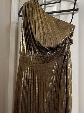 One-Shoulder Metallic Gold Pleated Women’s Dress